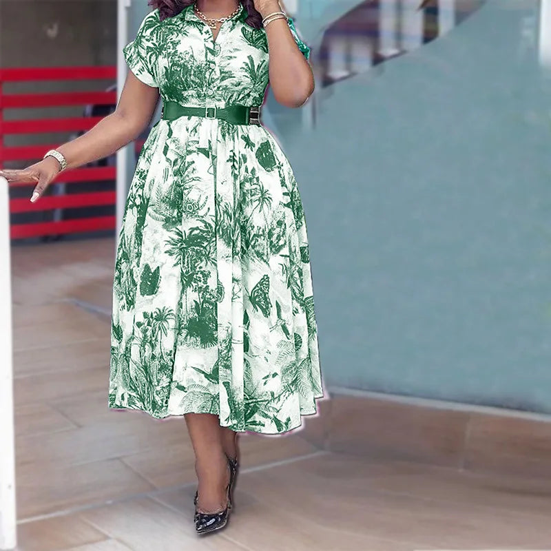 Amay Women Elegant Printed Party Dress Turn Down Collar Short Sleeve Pleated A-Line With Belt African Office Work Wear Plus Size 5XL