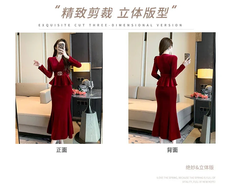 Babs Winter Red Velvet Chic Ruffled Bandage Long Dress Women Elegant Luxury Festival Dress Gown Korean Elegant Prom Dress