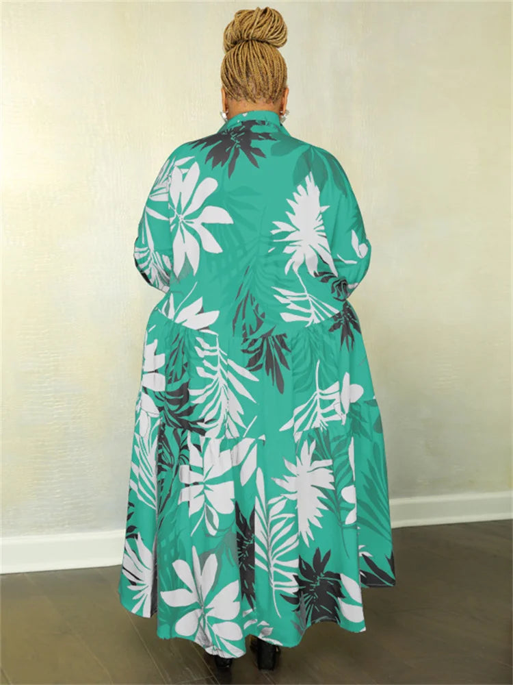 Maxy Plus Size Women Clothing Dresses Xl-5xl Flower Printed Long Sleeve Shirts Elegant Dress.