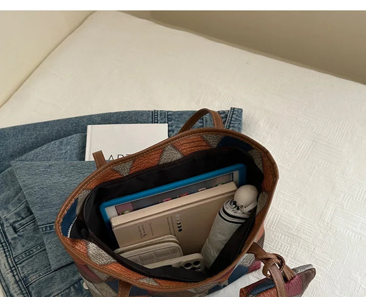 Maxy Vintage Patchwork PU Leather Casual Tote Bags For Women, Large Capacity Shoulder Bag Ladies Handbags And Purses