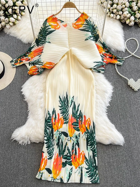 Amay Women High Waist Printing A-line Pleated Dresses V-Neck Long Sleeved Lightweight Spring Summer SM10792