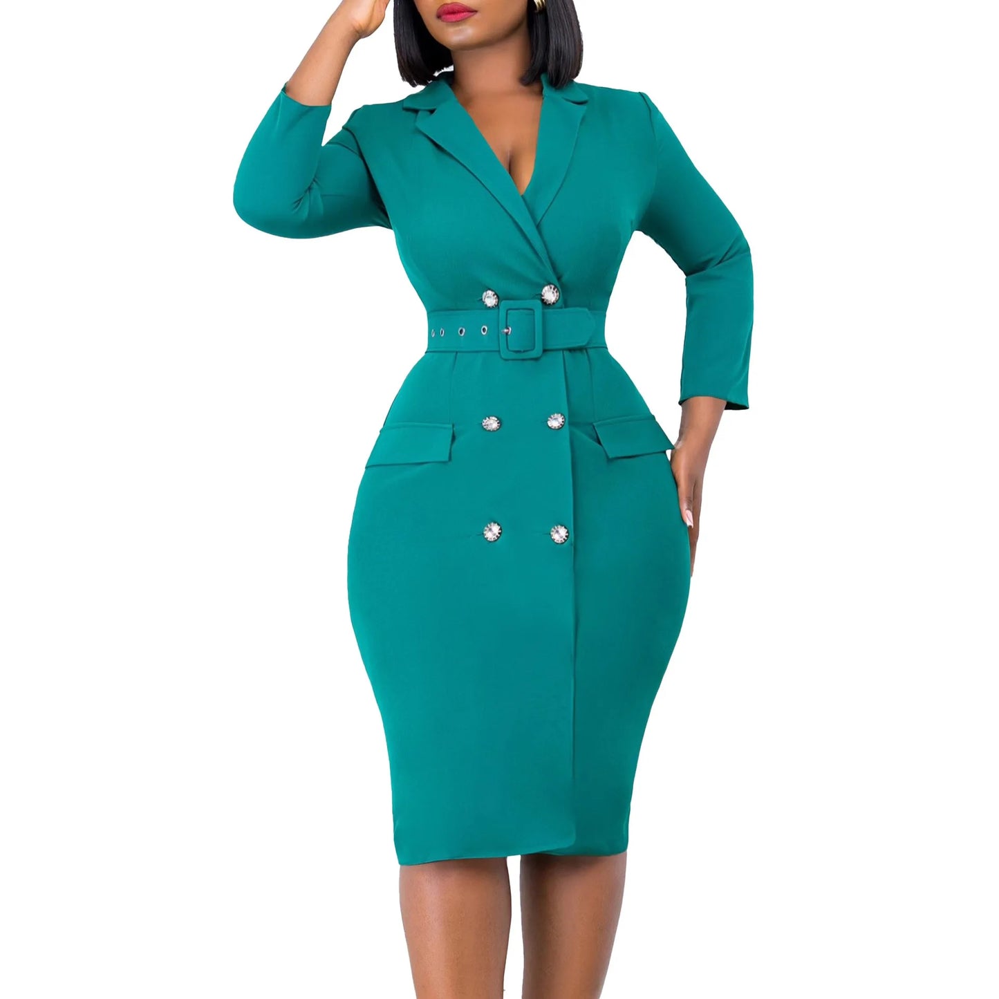 Babs Elegant Office Dresses for Woman Notched Collar Full Sleeve Double Breasted Package Hips Mid Calf Professional Business Gowns OL