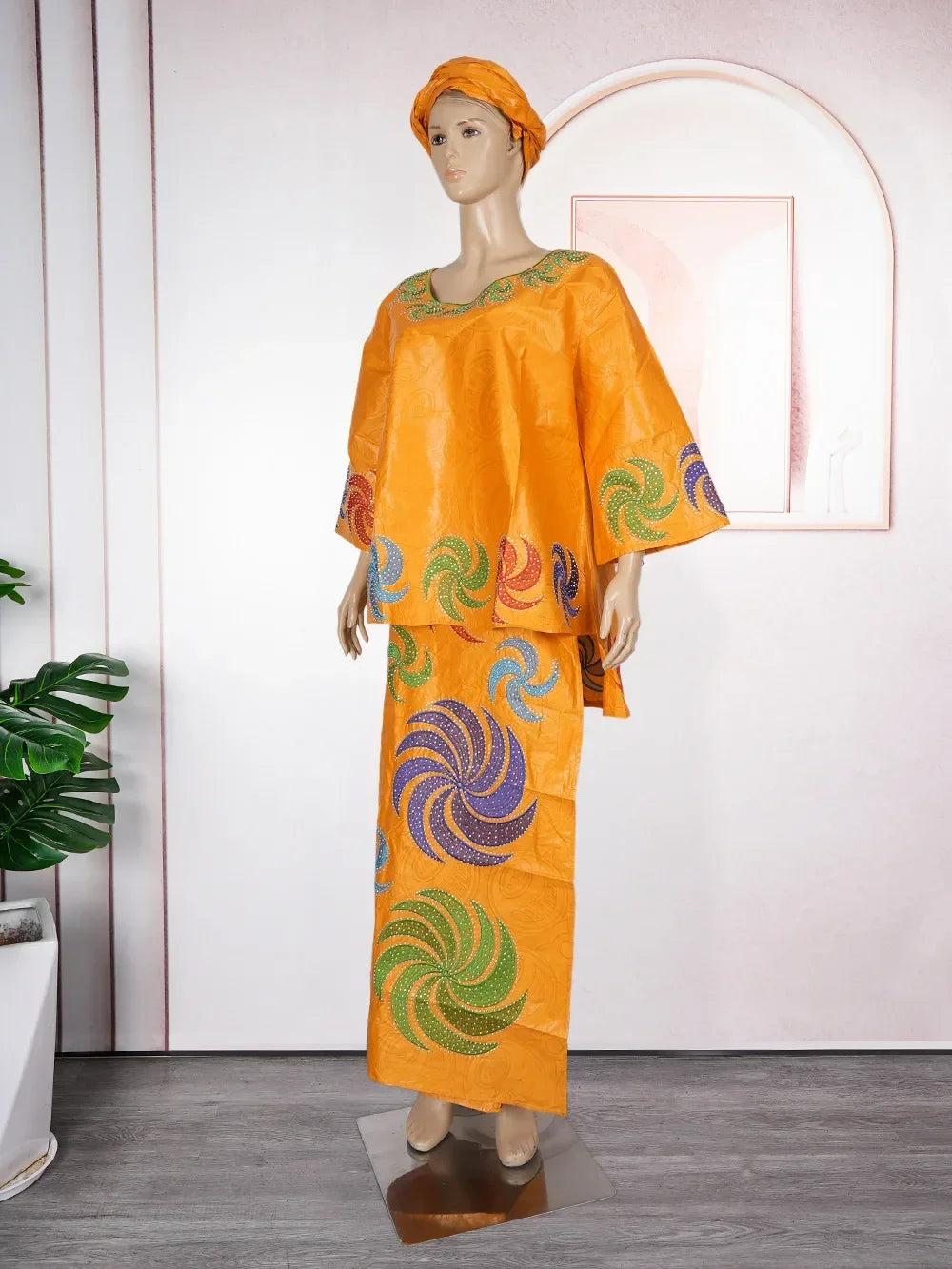 Amay With Headscarf Plus Size African Clothes for Women Dashiki Ankara Evening Gown Outfit Wedding Party Top Skirt Matching Sets