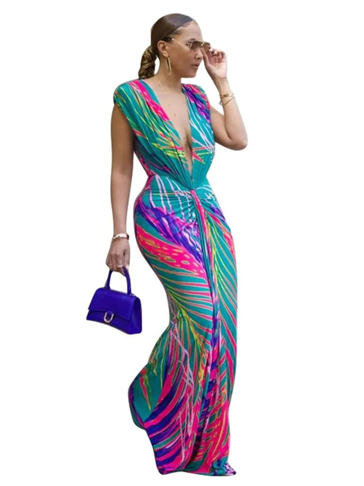 Maxy Dresses Women's Clothing Sleeveless Printed Deep V Neck Sleeve Sexy Party Long Dressse