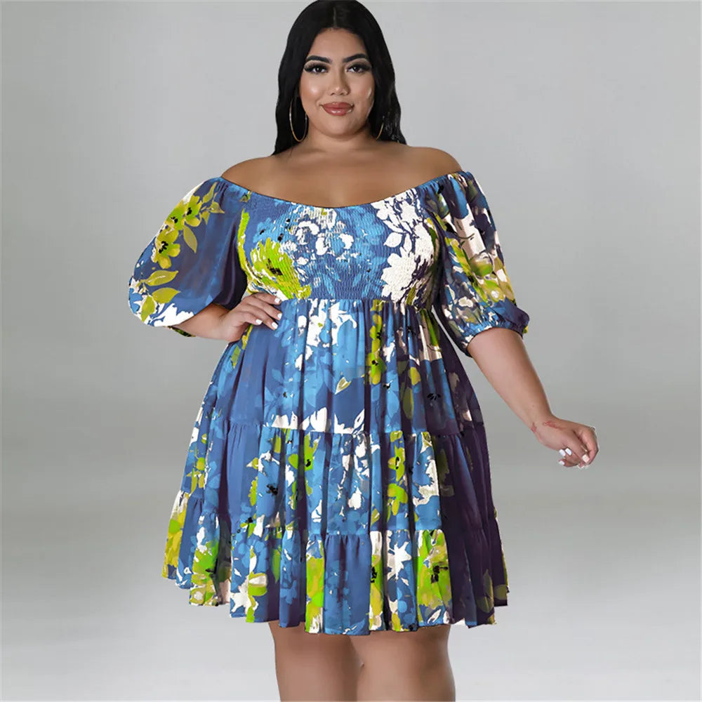 Maxy Plus Size Summer Dresses Women's Clothing Flower Printed One Shoulder Elegant Mini Dress Hot Sale