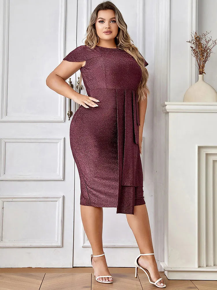 Babs Shiny Purple Dresses Fashion New Women's O-Neck Short Sleeve Extra Large Knee Length Dress Celebrity Evening Party dress