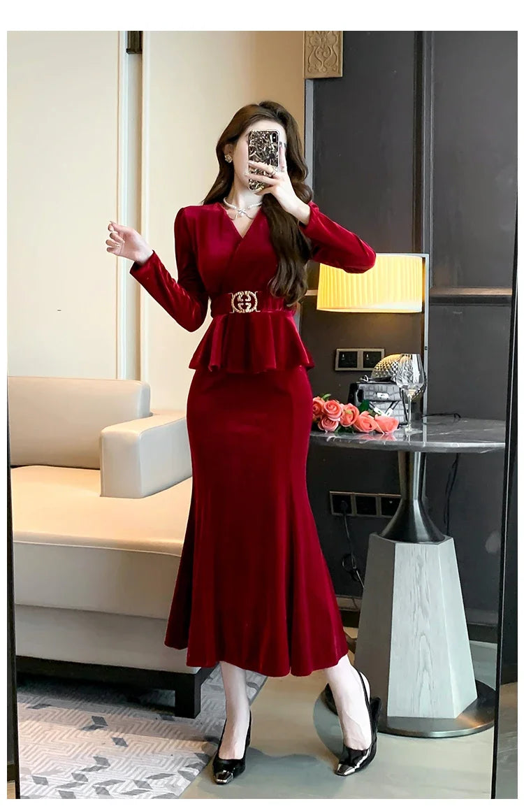 Babs Winter Red Velvet Chic Ruffled Bandage Long Dress Women Elegant Luxury Festival Dress Gown Korean Elegant Prom Dress