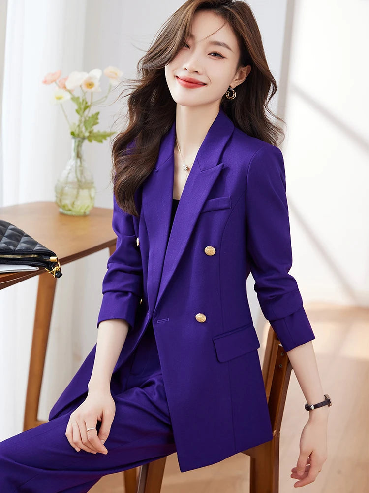 Maxy Gray Black Blue White Women's Pant Suit Long Sleeve Solid Ladies Blazer and Trouser Formal 2 Piece Set For Autumn Winter