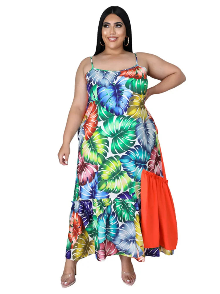 Maxy Plus Size Women Clothing Dress Summer 2024 Patchwork Flower Print Dress Slip Maxy Dresses