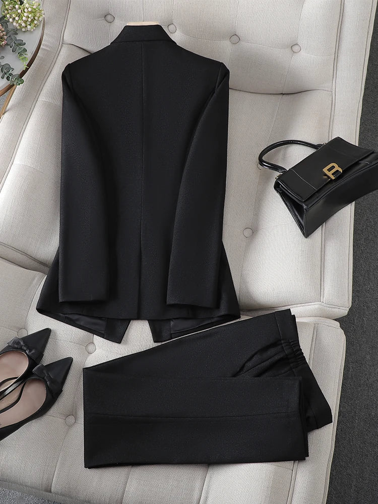 Maxy Gray Black Blue White Women's Pant Suit Long Sleeve Solid Ladies Blazer and Trouser Formal 2 Piece Set For Autumn Winter