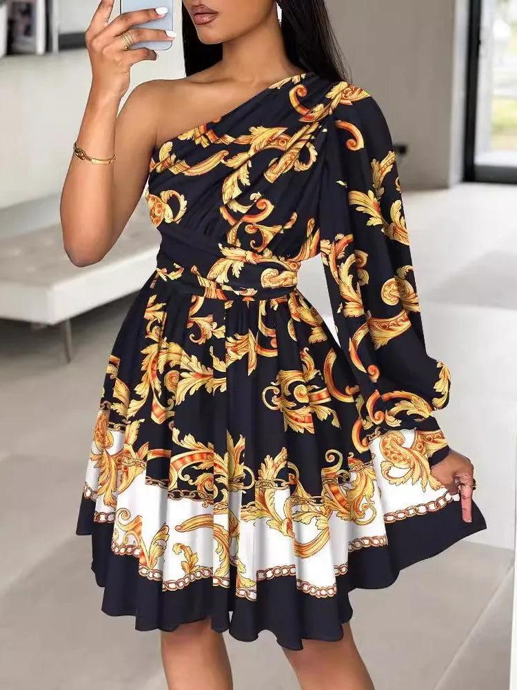 Maxy New Boho Print Women Dress Spring Fashion Sexy Off Shoulder Office Elegnat Casual Dresses Female Sweet Party Dress Robe Femme