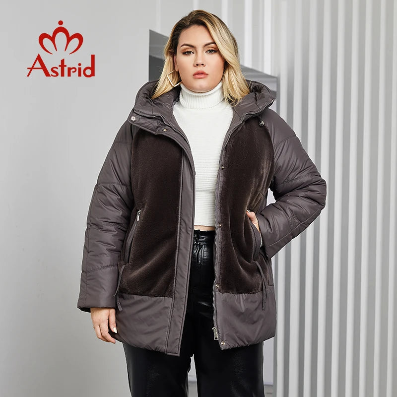 GACY Plus Size Winter Jacket Women Faux Fur Stitching High Quality Wool Warm Fashion Women's Parka Female Plush Coat Hooded