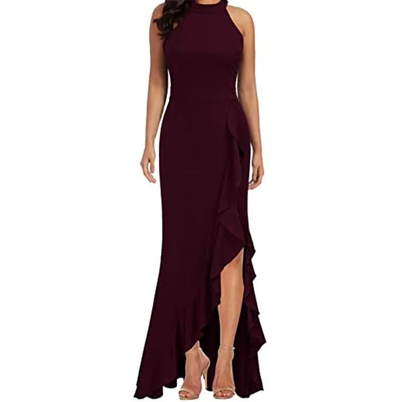 Maxy Women High Waist Plus Size Sleeveless Halter Maxy Dress Evening Dresses for Party Wedding