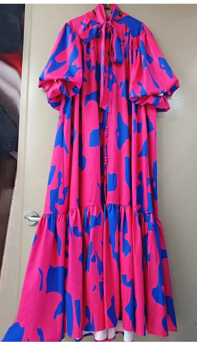 Maxy Elegant single-breasted bubble short sleeve geometric printing casual loose dress summer ladies temperament lace-up dress