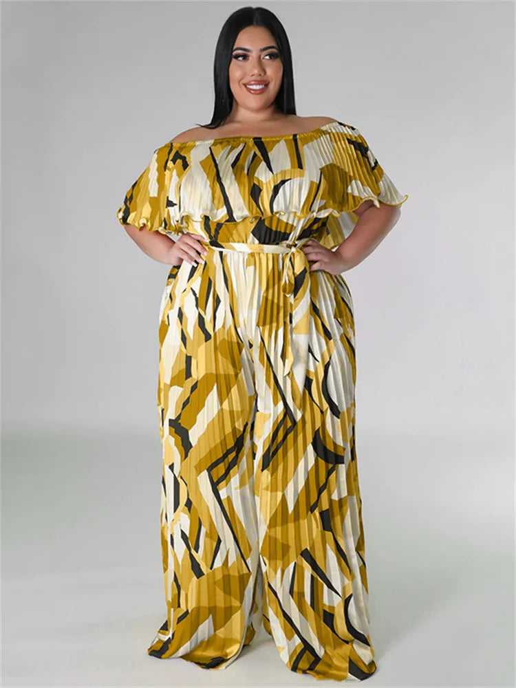 Maxy Plus Size Jumpsuit Women Clothing Pleated Wide Leg Off Shoulder Romper Printed One Piece Outfits