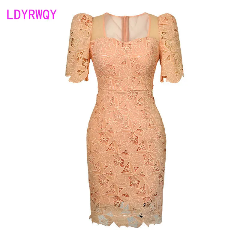 Summer 2024 Maxy new square collar water-soluble lace slim dress small children