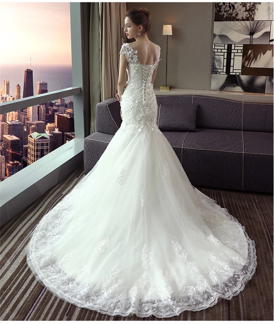 Babs Elegant Cap Sleeves V-neck Appliques Mermaid Tulle 2024 Wedding Dresses for woman Court Train Bridal Gowns.