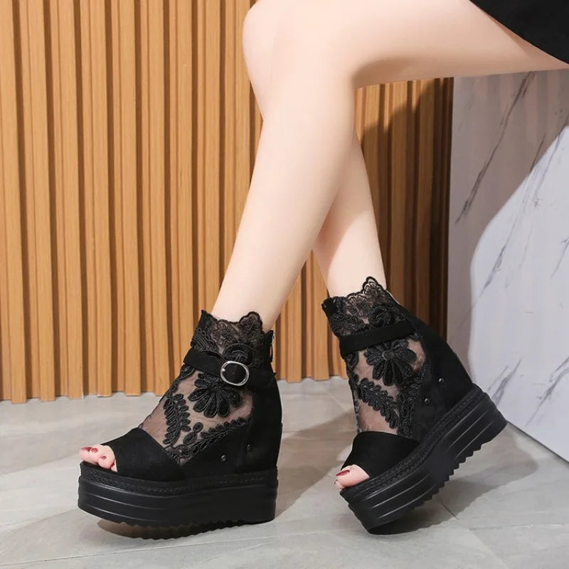 Summer Crystals Buckle Platform Sandals Women Cool ZIP Boots 10cm Wedges Heel Height Increasing Peep Toe Lace breathable Shoes