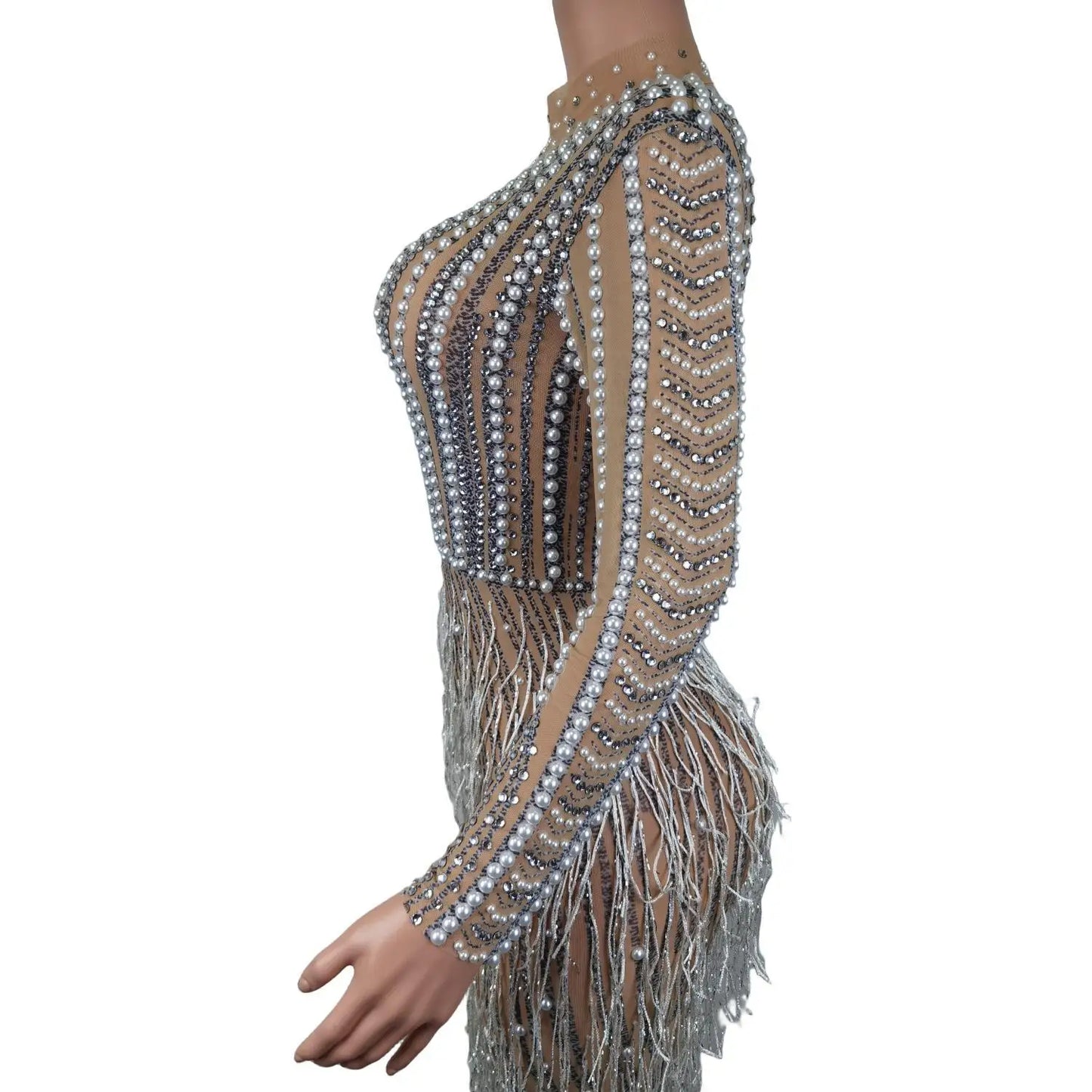 Macy Luxury Pearl Tassel Mermaid Evening Dresses for Women Wedding Party Long Sleeve Formal Gowns Lady Bodycon Diamond Long Dresses