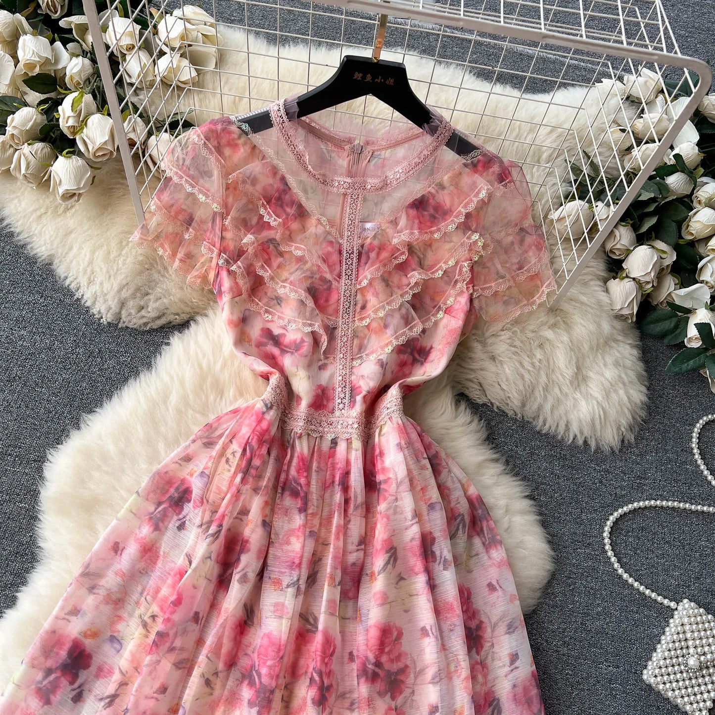 Summer Mesh Printed Dress Women Elegant Ruffle Edge Vintage High Waist Pink Party Dresses Ladies Slim A-line Floral Long Robe