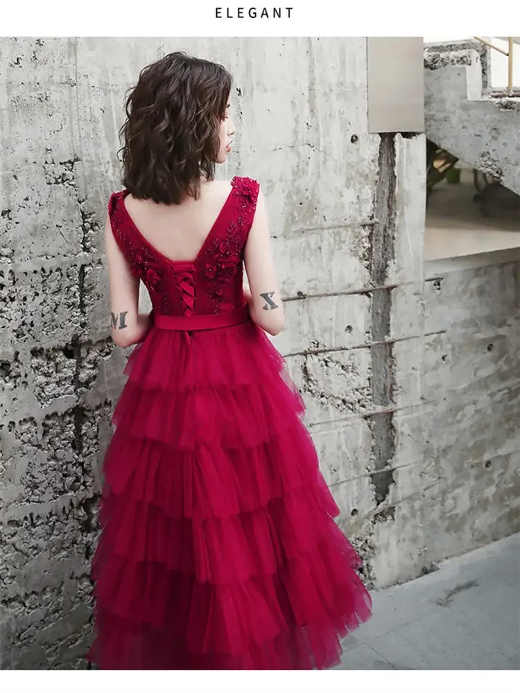 Babs Dresses Burgundy Tulle Beads Floral V-Neck Plus Size A-line Tiered Tea-Length Plus size Woman Party Gowns Robe E832
