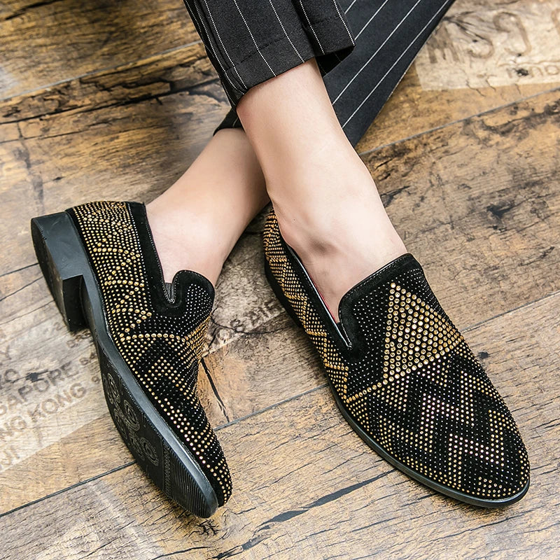 Maxy Fashion Italian handmade rhinestone leather shoes men's casual foot set slip-on leather hair stylist bean shoes fashion