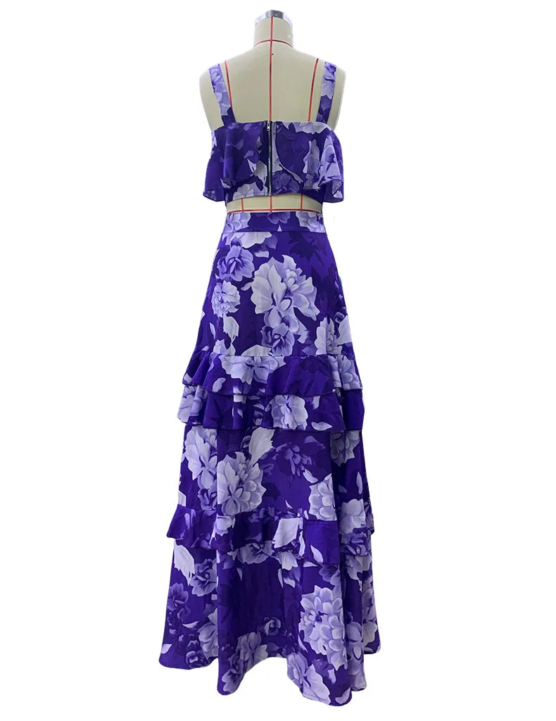 Maxy 2 Piece Set Women Stylish Floral Elegant Printed Sleeveless Short Top+Loose High Waist Pleated Long Skirt Sets