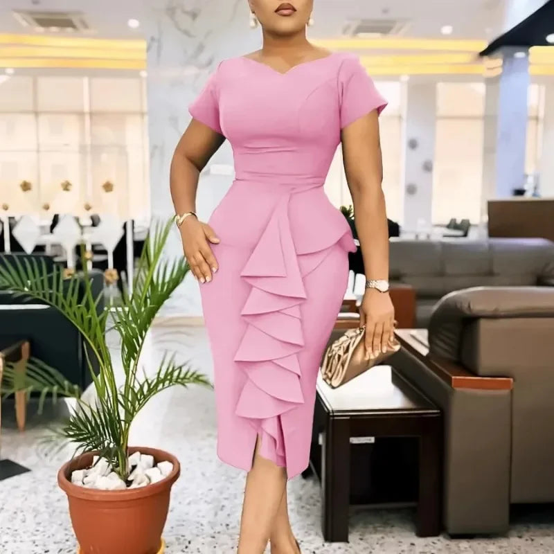 Babs Elegant Dresses for Women Summer Short Sleeve V-neck Polyester Bodycon Dress Gowns Outfits Africa Clothing