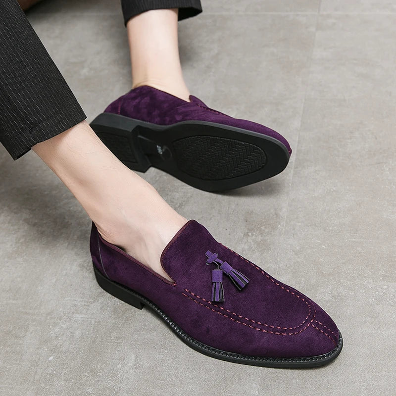Visco Men's Loafers Brand Suede Leather Shoes Vintage Slip-on Classic Casual Men Driving Shoes Wedding Male Dress Shoes Tassel pointed