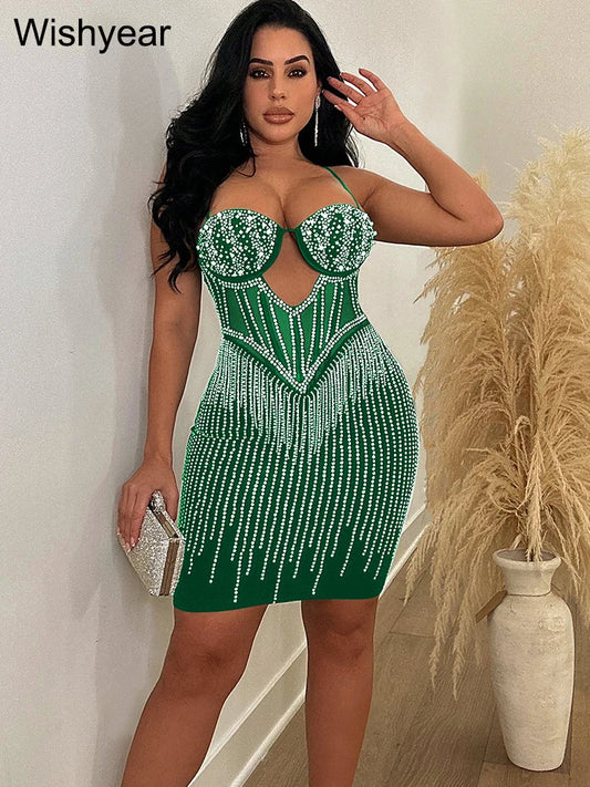 Babs Elegant Evening Birthday Party Dresses for Women Halter Neck Diamonds Rhinestones Prom Club Bodycon dress