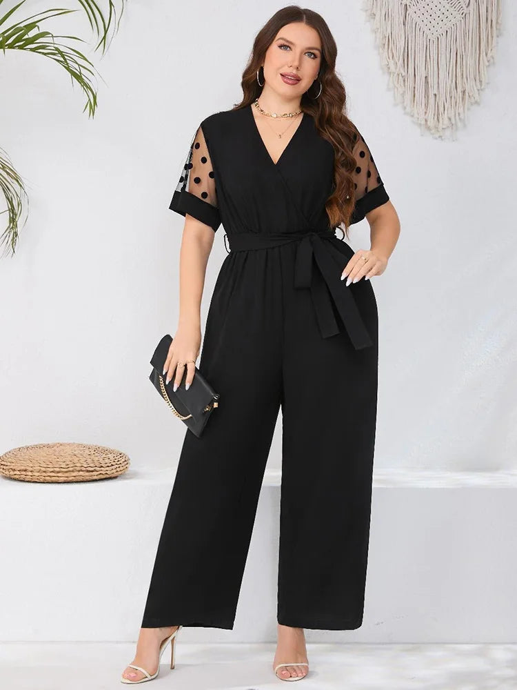 Macy Plus Size Dot Mesh Short Sleeve Belted Jumpsuit Women Summer V-neck Black Elegant Office Ladies High Waist Jumpsuits