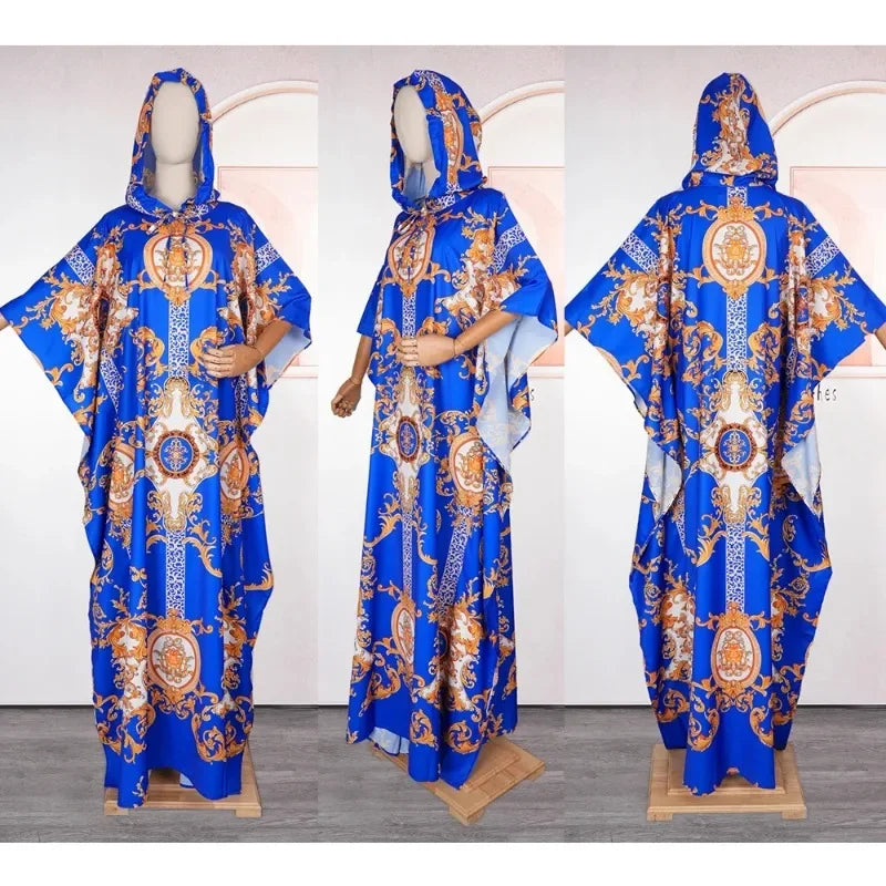 Maxy Elegant African Dresses for Women Fashion Print Boubou Dashiki Ankara Outfit Evening Gown Kaftan Hooded Robe 2024