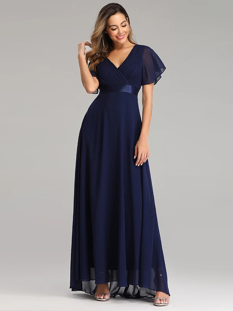 Maxy Evening Dresses XUCTHHC Elegant V-Neck Ruffles Chiffon Formal Evening Gown Robe Dress for Wedding Party