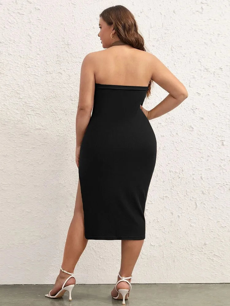 Babs Plus Size Summer Sleeveless Dress Women Sexy Slim Bodycon Backless Fashion Ladies Dresses Split Pleated Woman Midi Dress