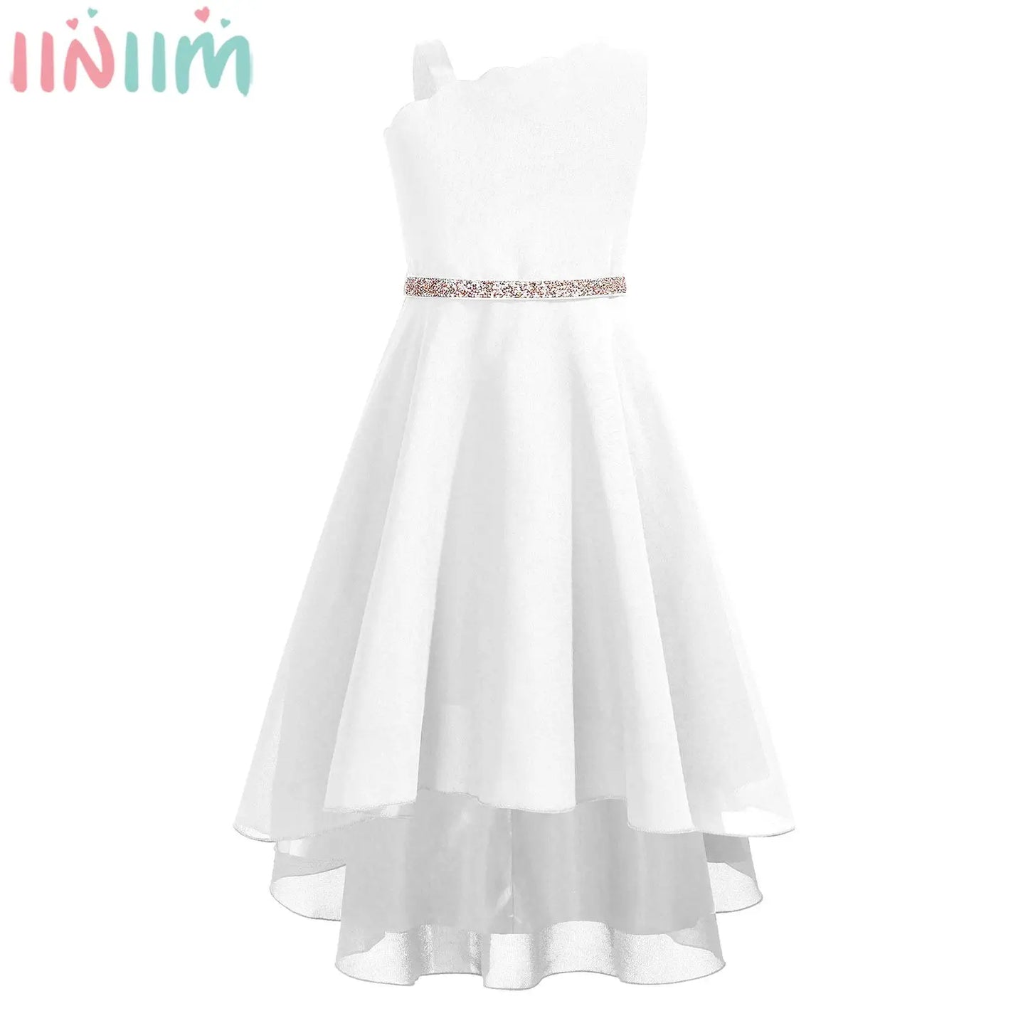 Maxy Kids Wedding Flower Girls Dress Elegant Hi-Low Chiffon Party Dresses with Shiny Belt Princess Ball Gown for Birthday Evening