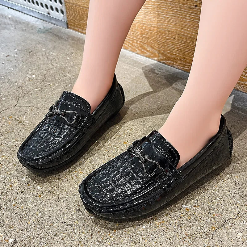 Visco Boys Leather Shoes Round-toe Flat Soft Kids Fashion Casual Loafers Glossy Metal Buckle Children Moccasins Non-slip Britain Style