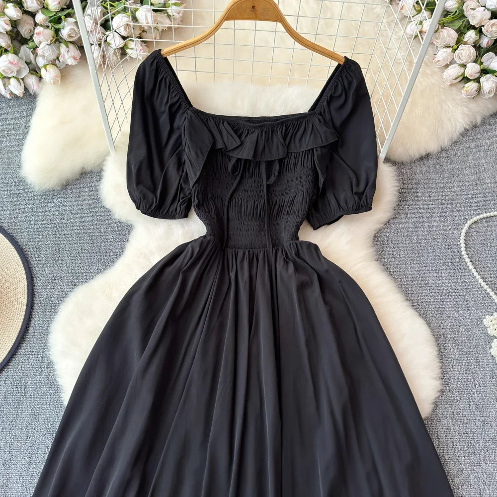 Babs Chic Elegant Square Collar Macy Dress Women Solid Short Puff Sleeve Dresses 2024 Korean Fashion Vintage Ruffle Vestidos