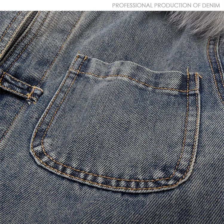 Maxy Natural Fox Fur Collar Rabbit Hair Liner Denim Jacket Women Cowboy Outwear Winter Thick Vintage Slim Short Jeans Jacket Female