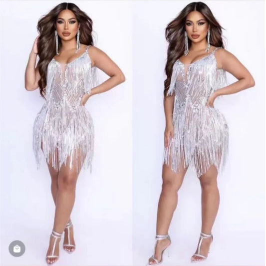 Babs Sleeveless Sexy V-Neck Sequins Fringes Crystal Bodycon Mini Dress Celebrate Nightclub Party Birthday Photo Shot Dress