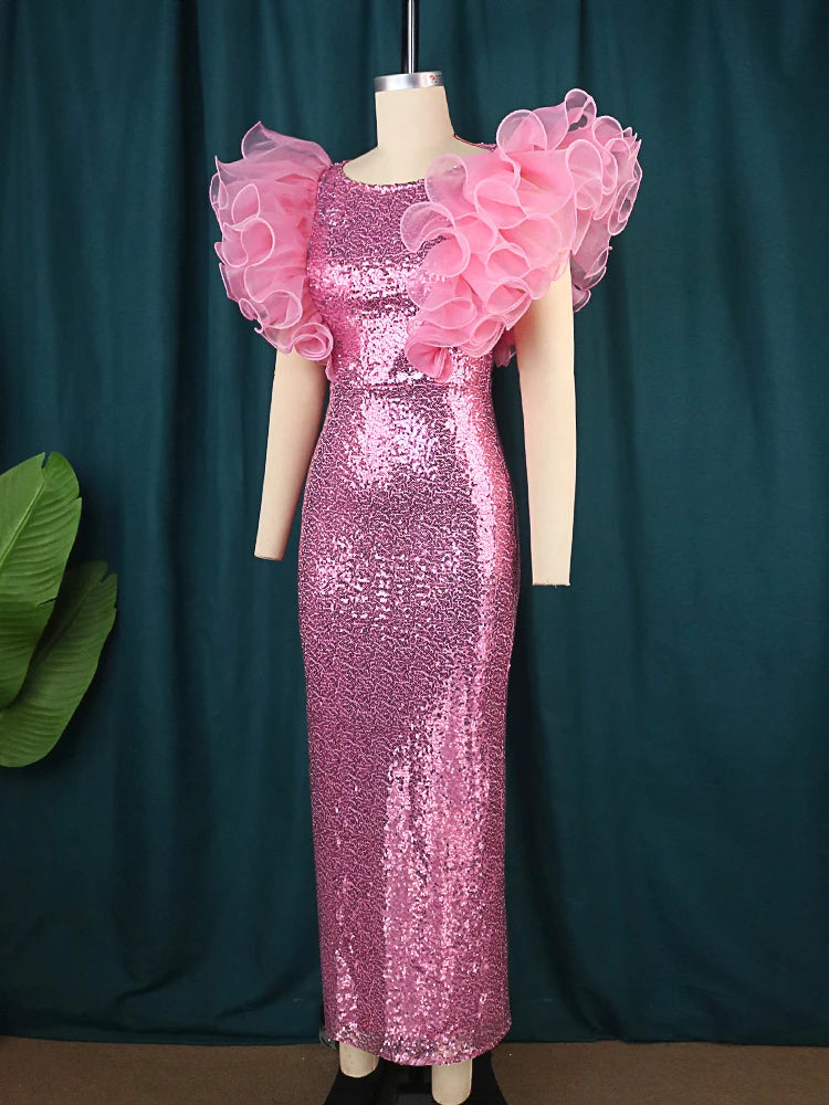 Maxy Pink Sequin Dress for Elegant Women Plus Size Party Ruffles Sleeveless Curvy Long Cocktail Christmas Evening  Event Gowns 4XL