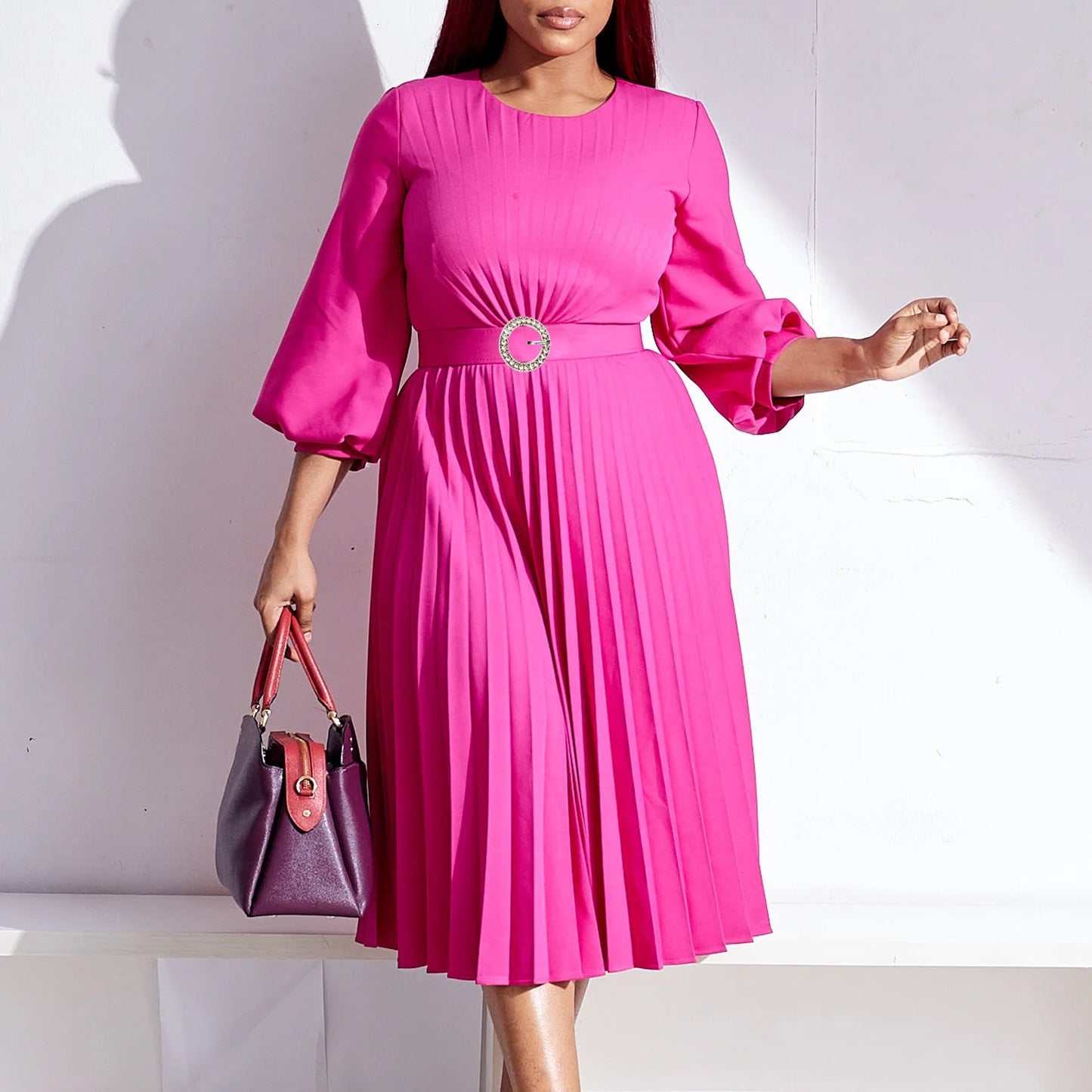 Maxy Elegant Dresses Woman Pleated O Neck Full Sleeve Belt Waisted Mid Calf Luxury Female Birthday Party Dinner Vestidos Mujer