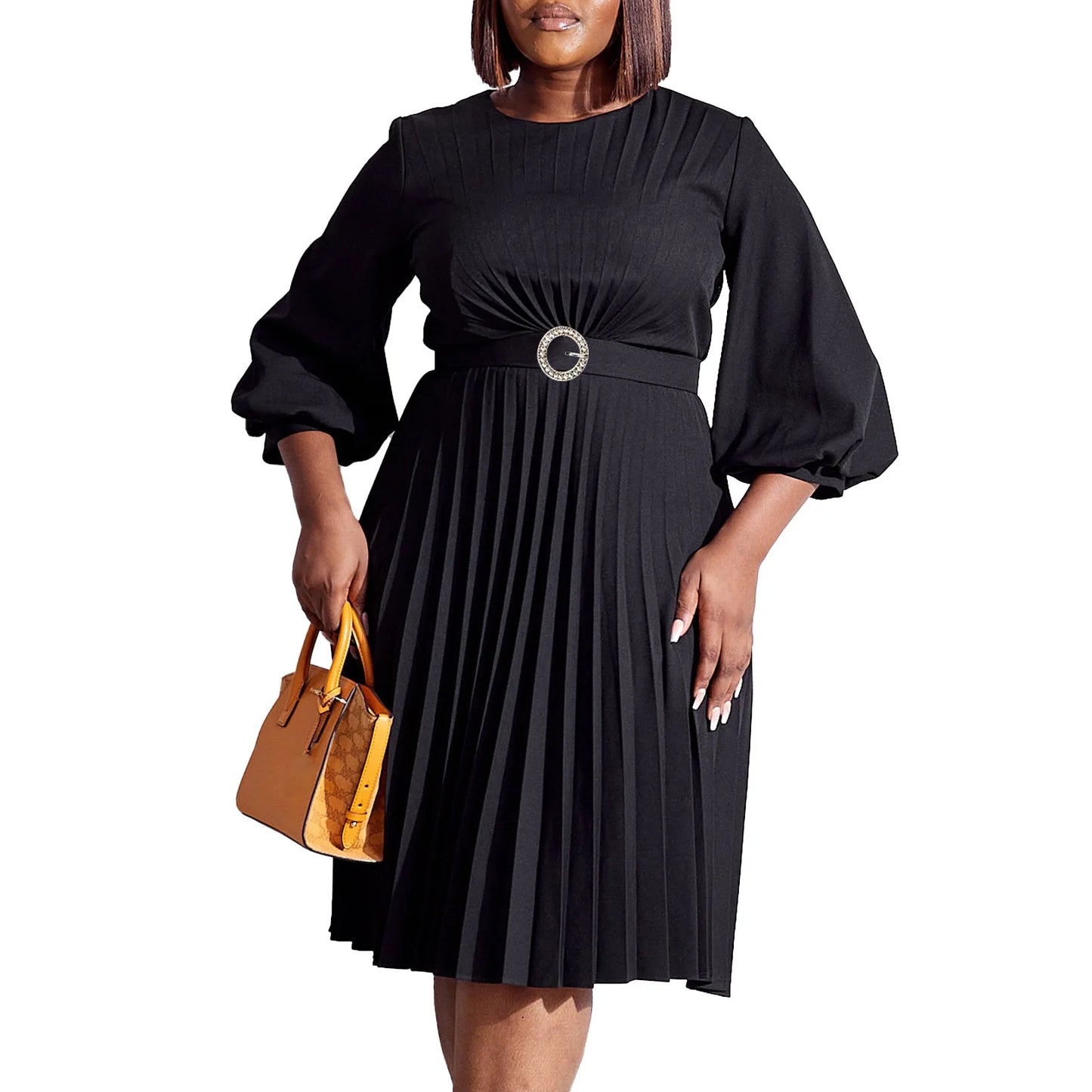 Maxy Elegant Dresses Woman Pleated O Neck Full Sleeve Belt Waisted Mid Calf Luxury Female Birthday Party Dinner Vestidos Mujer