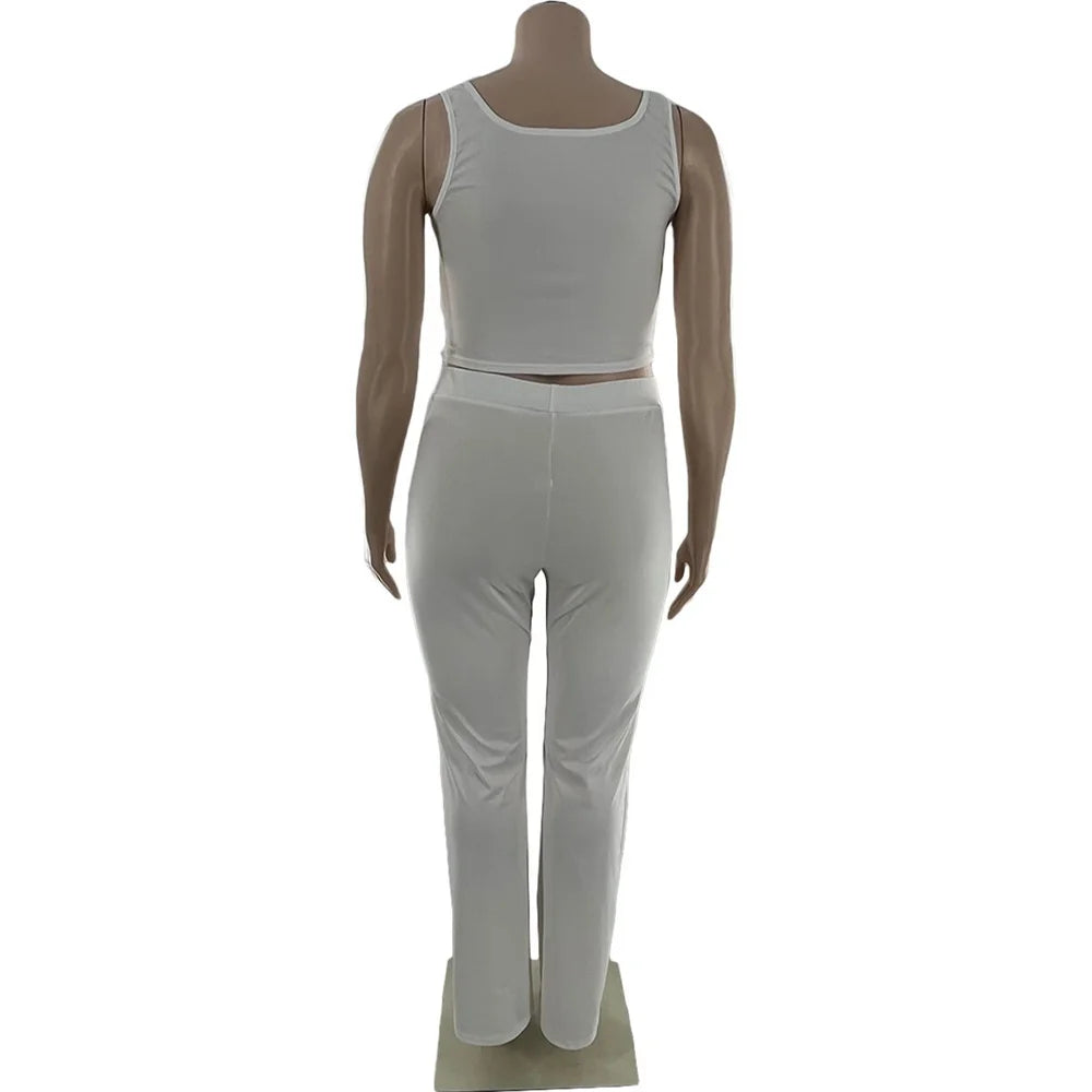 Maxy Plus Size Women Clothing 2 Piece Outfits Summer Bandage Top Flared Pants Fashion Matching Sets