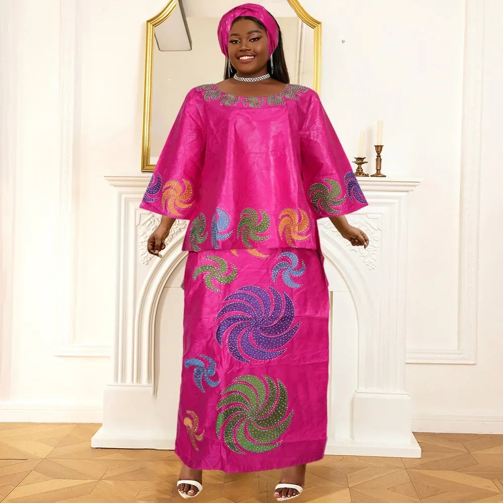 Amay With Headscarf Plus Size African Clothes for Women Dashiki Ankara Evening Gown Outfit Wedding Party Top Skirt Matching Sets