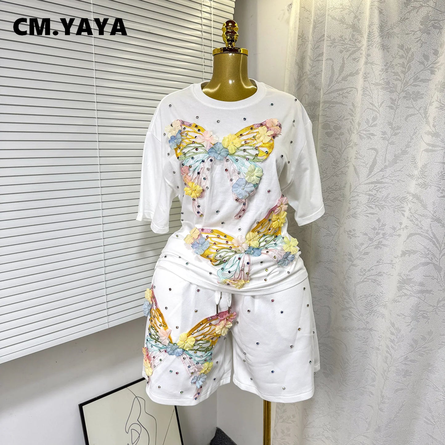 Maxy Fashion Butterfly Floral Beading Women's Set T-shirt and Shorts 2025 Summer Active Two 2 Piece Sets Outfit Tracksuit