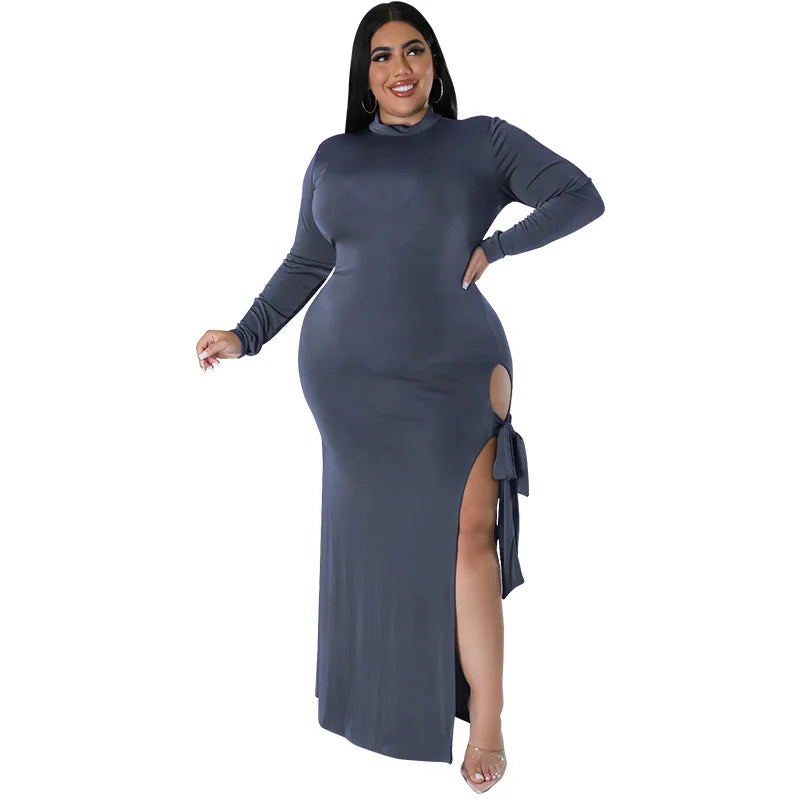 Maxy Plus Size Fall Clothing Women Long Sleeve Fashion High Slit Split Sexy Hollow Out Long Maxy Dress