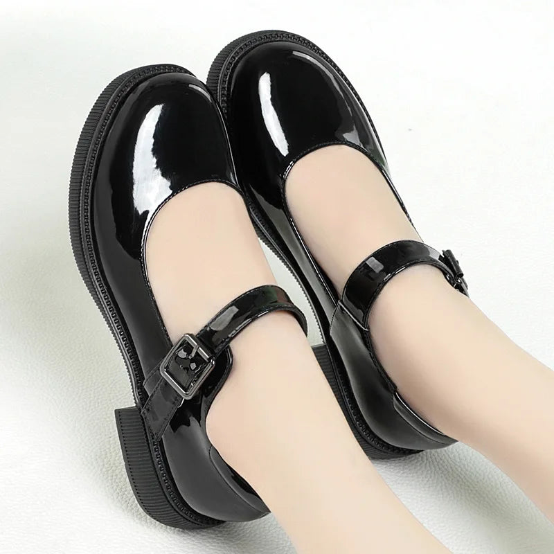 Maxy 3.5cm Breathable Shallow Mouth Bright Leather Shoes Women Mary Janes 2025 Fall Med Square Heels Sheos Black for Office Mom