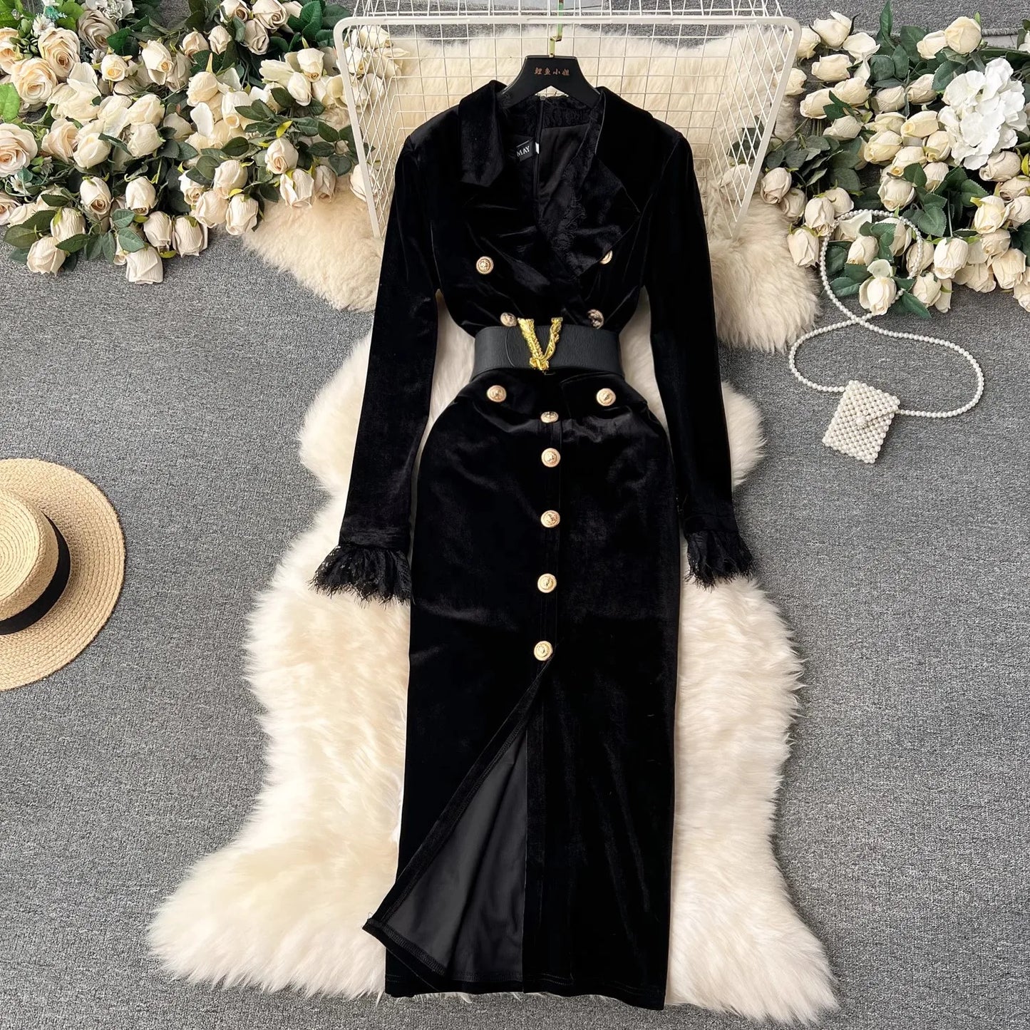 Babs Winter Luxury Velvet Dress Women Clothing Notched Lion Metal Buttons Split Letter Belt Thick Velour Long Party Vestidos