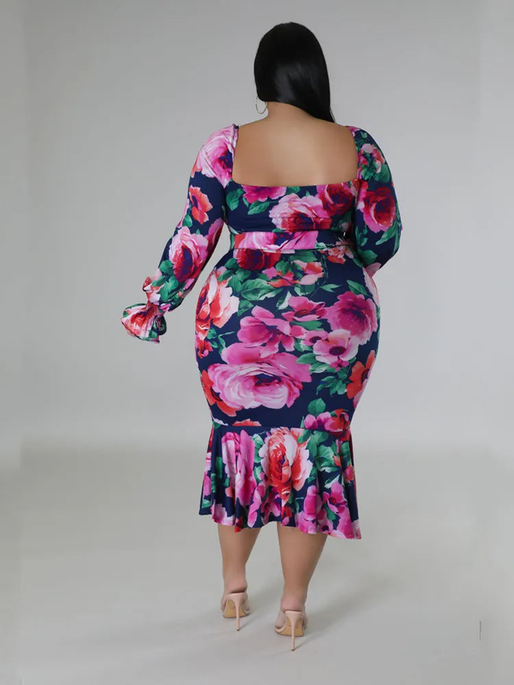 Maxy Plus Size Dresses for Women Summer Holiday Clothing Floral Print Off Shoulder Dress with Belt