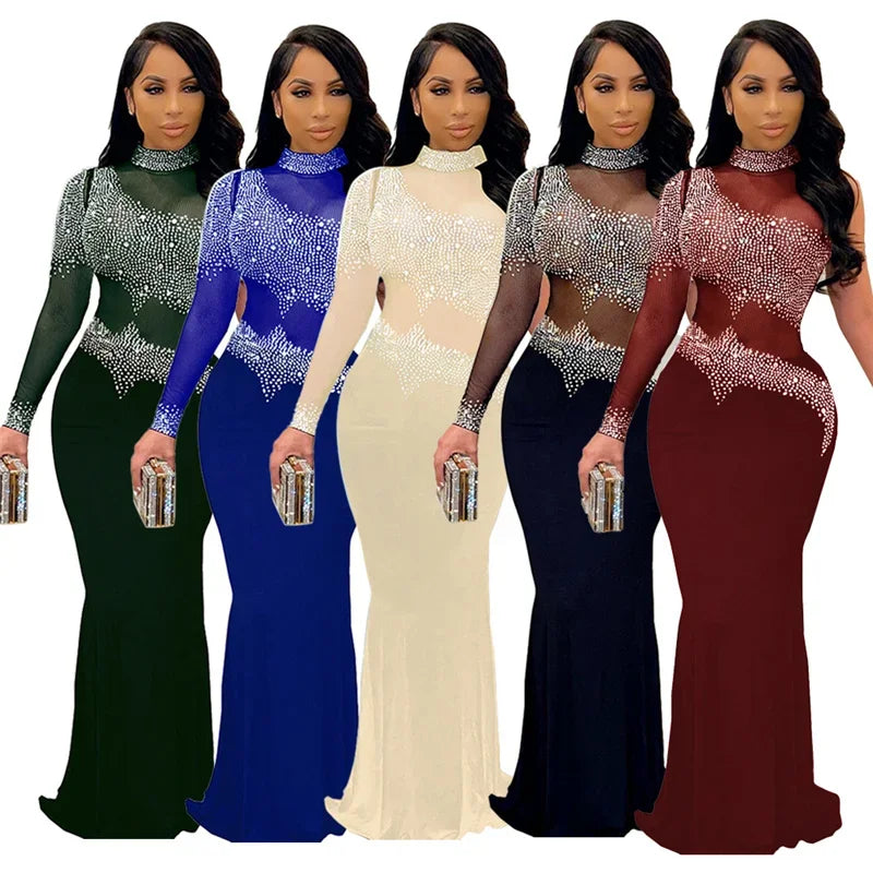 Sexy Babs Crystal Rhinestone Bodycon Dress Women Wedding Evening One Sleeve Mesh See Through Patchwork Night Party Club Dresses